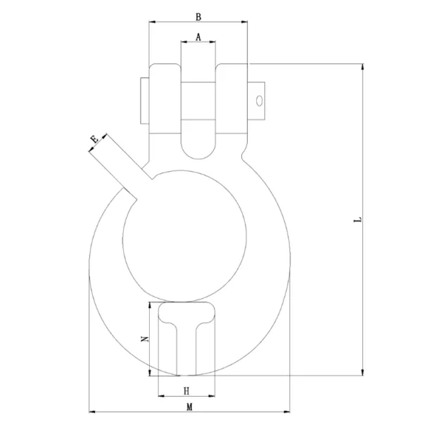 Technische Zeichnung eines mechanischen G80-Gabelkopf-Forsthakens mit beschrifteten Abmessungen.