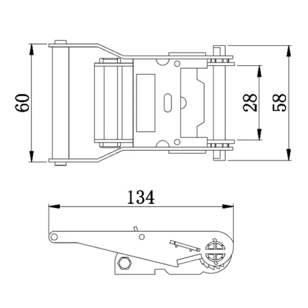 Desenho técnico de fivela catraca em aço inoxidável 1'' 1,5T com dimensões anotadas em milímetros.