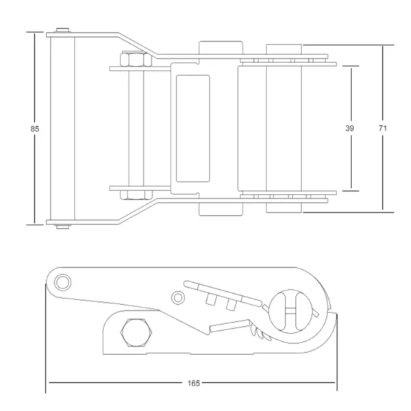 Technical drawing of a 1.5'' 3T Ratchet Buckle with dimension annotations.