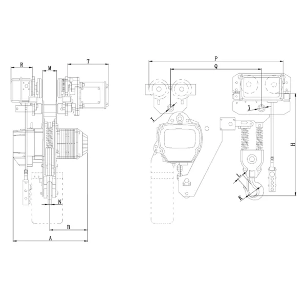 Sentence with replacement: Technical drawings of a Super-low Lifting Loop Electric Chain Hoist with various sections labeled with letters.