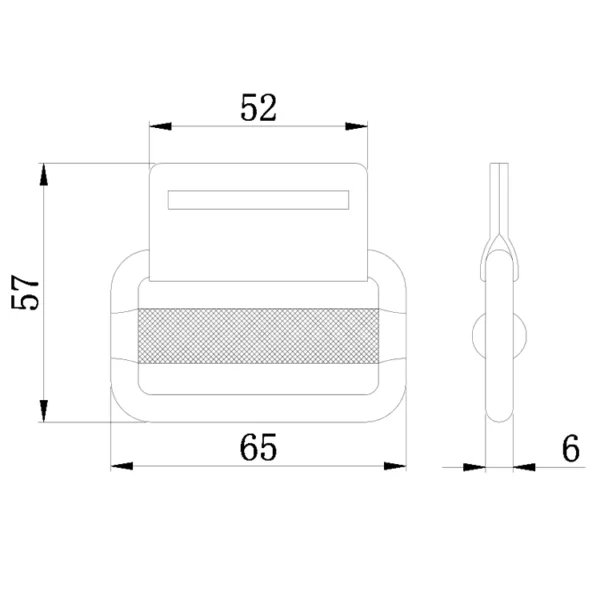 Technical drawing of a furniture piece with dimensions in centimeters, featuring a 2'' 600kg Slide Buckle with Sheet Metal attachment.