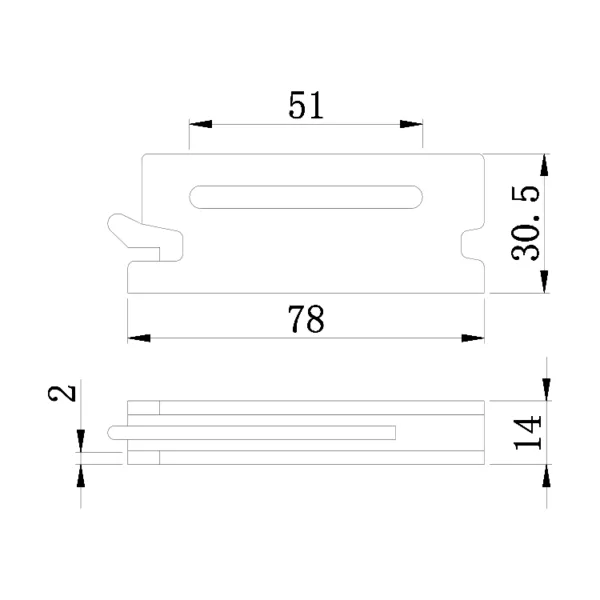 Technical drawing of an E Track Fitting with dimensions labeled in millimeters.