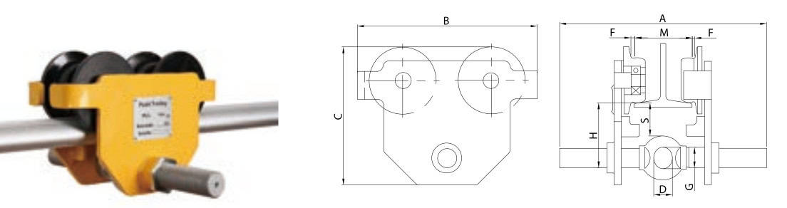 Pipe clamp attached to a metal rod with technical drawings displaying dimensions.