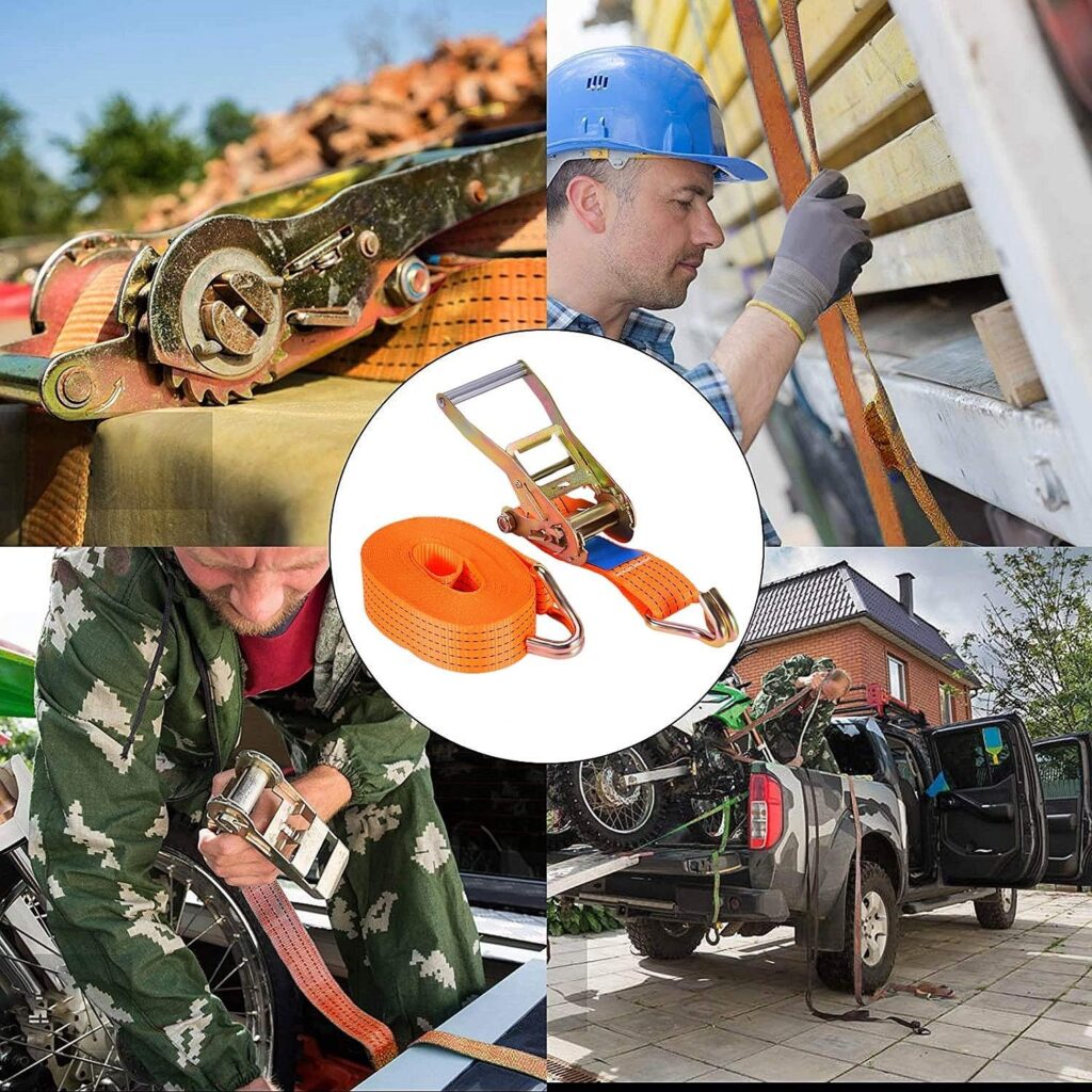 A collage shows ratchet straps securing cargo, centered on a 1.5" LC 1250kg Orange Ratchet Strap with Polyester Protector Cover.