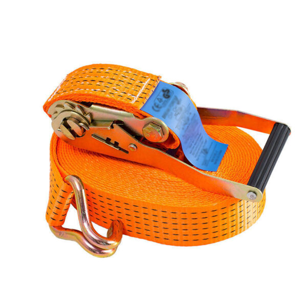 The 1.5" LC 1250kg Orange Ratchet Strap features a metal hook and handle, ideal for securing cargo with ease.