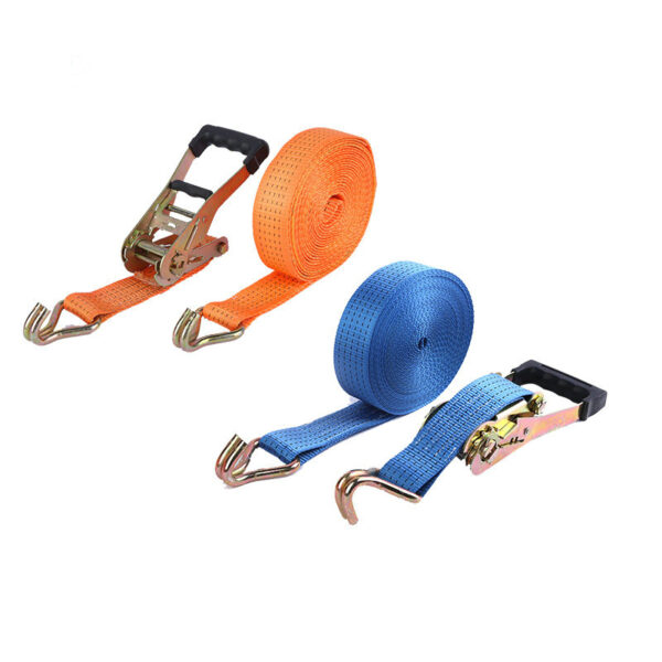 Two 1.5" ratchet straps (LC 1250kg) with hooks, in vibrant orange and bold blue, placed side by side.