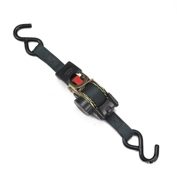 The 1" LC 340kg Retractable Ratchet Strap has a blue strap, black handle, and hooks, designed for load securing.