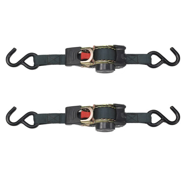 A pair of 1" LC 340kg retractable ratchet straps with S-hooks and red levers on a white background.