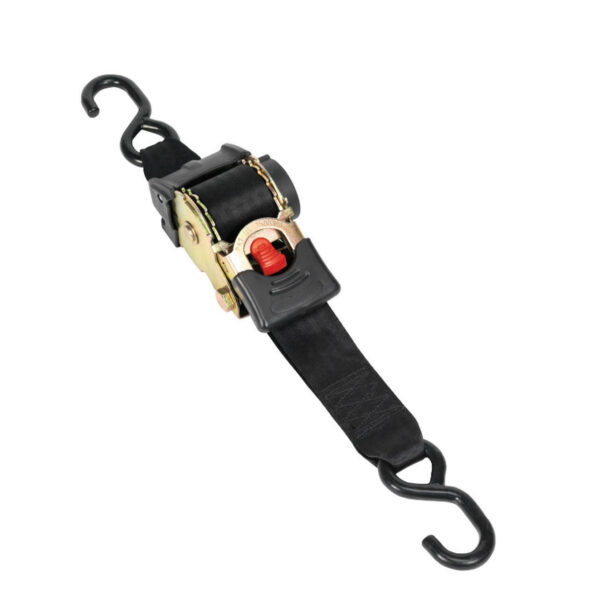 The 1" LC 340kg Black Retractable Ratchet Strap, with hooks and red release button, secures cargo easily.