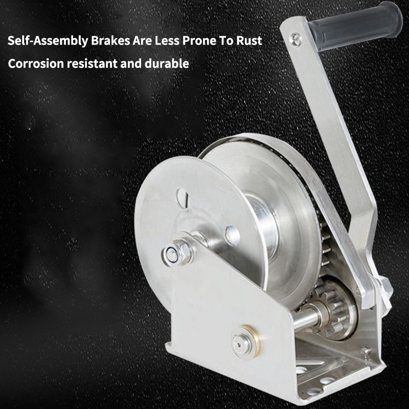 The Stainless Steel Hand Winch, shown on a dark background, boasts exceptional corrosion resistance and durability.