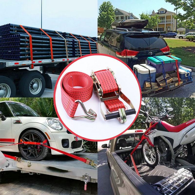 Collage of red tie-down straps and 2" LC 2500kg Ergo Ratchet Straps securing pipes on a truck, luggage on cars, and motorcycles, with close-ups.