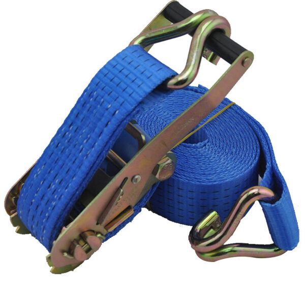 Blue 1.5" ratchet strap with metal hooks, tension mechanism, LC 1250kg.