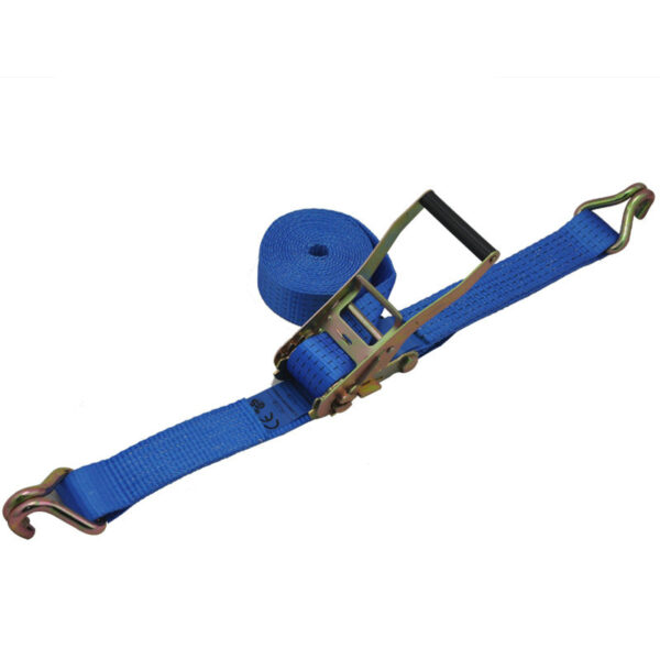 Partially rolled 1.5-inch blue ratchet strap with hooks and handle, LC 1250kg.