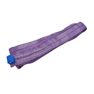 A purple polyester sling with looped ends lies on a white background, showcasing its strong and flexible design.