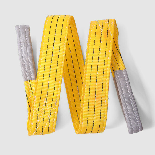 The 3 Ton Webbing Sling is a yellow strap with reinforced gray loops at both ends, forming an 'M' shape on a light gray background.