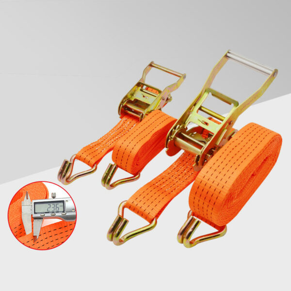 The 1.5" LC 1250kg orange ratchet strap has metal buckles, hooks, and a polyester cover. Inset shows the 2.36mm strap thickness measured.