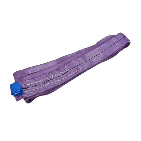 The 1T Purple Polyester Round Sling features reinforced stitching and a blue tag on one end.