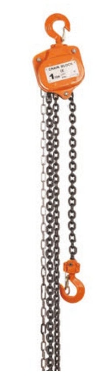 Manual chain hoist with orange casing and metal chain.