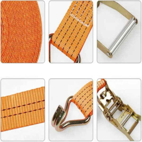 This collage showcases the 1.5" LC 1250kg Orange Ratchet Strap with Polyester Cover, highlighting its sturdy strap, metal hook, and ratchet.