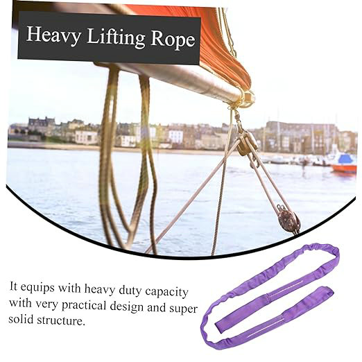 Image of a sailboat by a harbor, text overlay "Heavy Lifting Rope." Details highlight the durable strength of the 1T Polyester Round Sling.