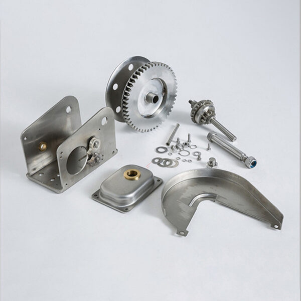 A plain background showcases metal mechanical components: gears, brackets, screws, washers, and a Stainless Steel Hand Winch.