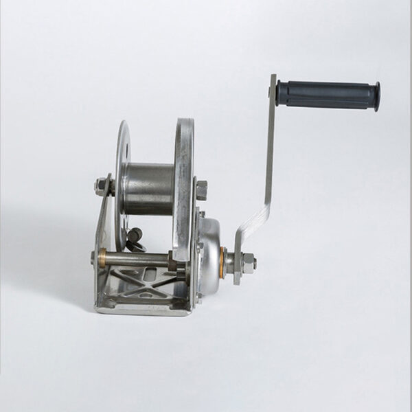 The Stainless Steel Hand Winch features a sleek black handle on a white background.