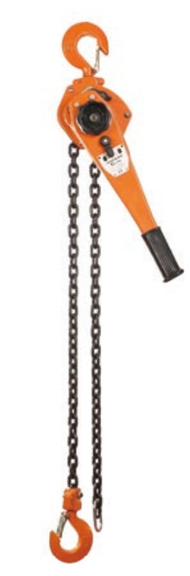 Manual chain hoist with orange casing and metal chain.