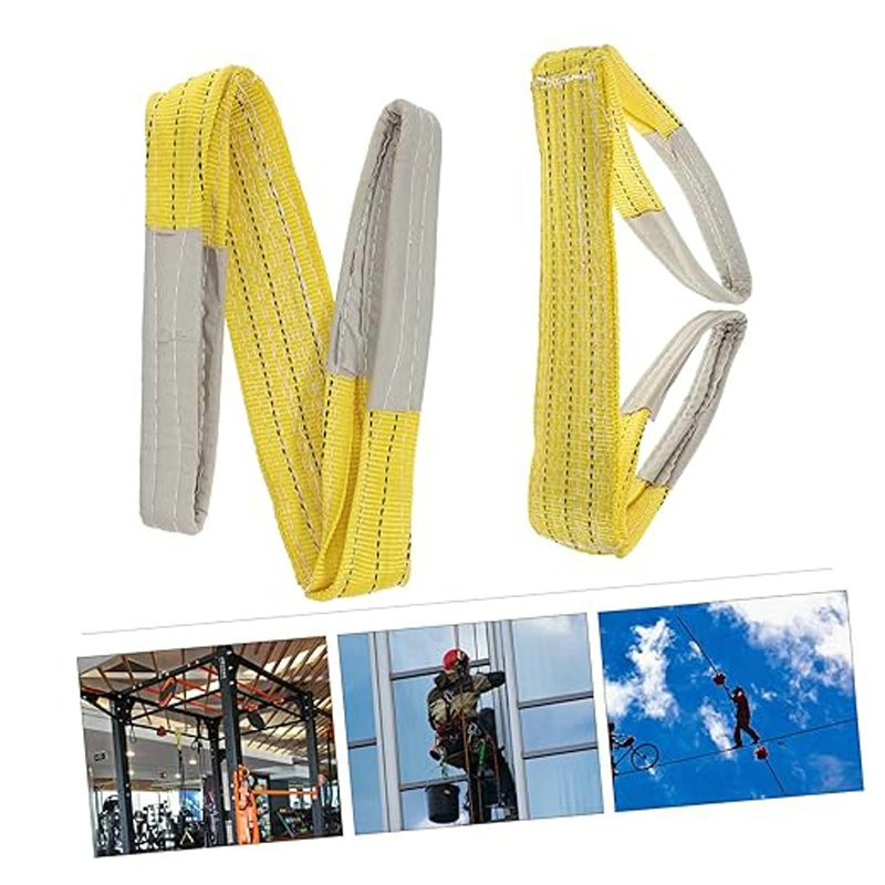 The 3 Ton Webbing Sling has yellow straps with reinforced ends, shown in gym, construction, and high-wire settings.