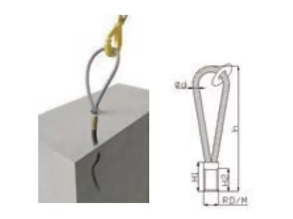 Comparison of a practical hook device and its Wire Rope Lifting Thread with its technical drawing.