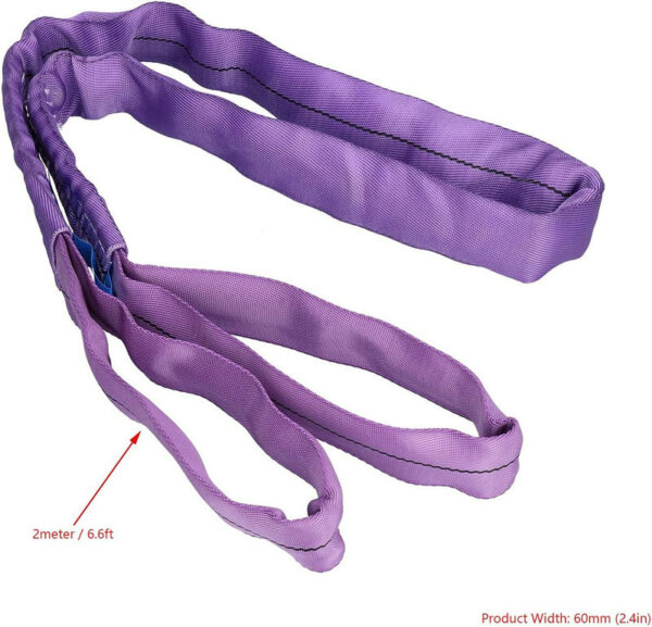 Purple 1T polyester round sling, 2m (6.6ft) long, 60mm (2.4in) wide.