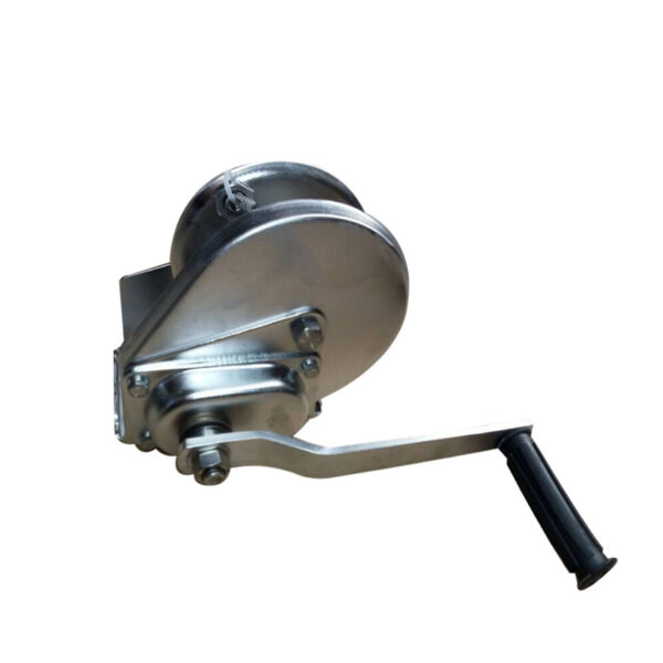 Angled side view of the Stainless Steel Hand Winch with a sturdy metal frame and black handle.