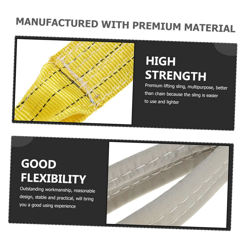 The image shows two sections: a "High Strength" yellow 3 Ton Webbing Sling, and a "Good Flexibility" grey sling, both made with premium materials.