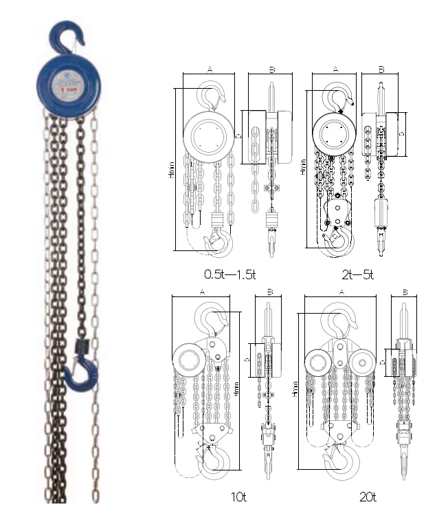 Manual chain hoist with technical diagrams and specifications.