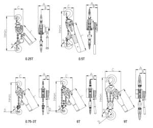 Technical schematics of various configurations of mechanical assemblies with pulleys and levers, annotated with different torque values.