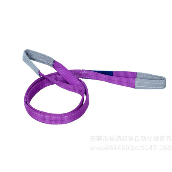 A neatly coiled purple and gray 1T Synthetic Webbing Sling on a pristine white background.