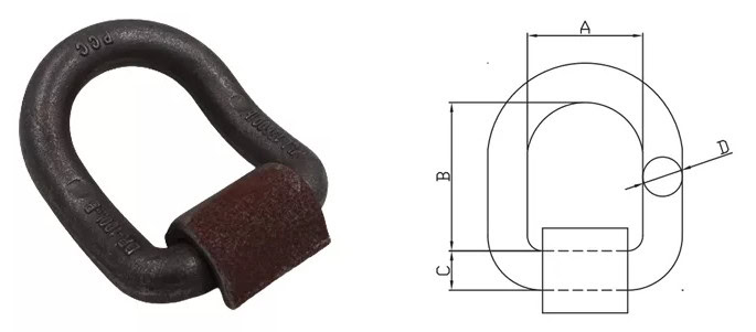 Cadenas avec une anse rouillée à côté d'un dessin technique illustrant ses dimensions.