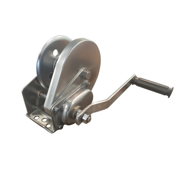 The Stainless Steel Hand Winch has a black handle and gear, mounted on a flat base with bolt holes for easy installation.