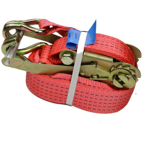 Red 2" LC 2500kg Ergo Ratchet Strap with hook, metal buckle, coiled with a blue tag.