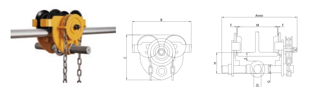 A manual chain hoist attached to a beam alongside technical drawings of its design.