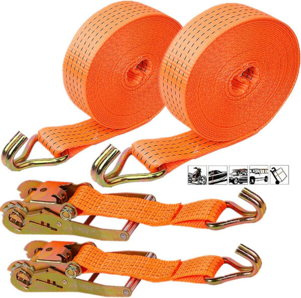 Two 1.5" LC 1250kg orange ratchet straps with hooks are coiled on top; an extended strap with a protector cover lies below.