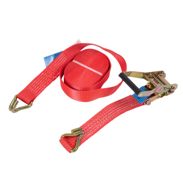 2" red LC 2500kg ergo ratchet strap with hooks & metal mechanism.