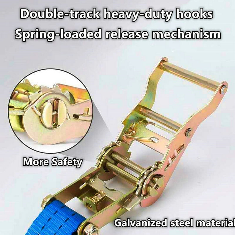 Close-up of double-track hook with spring-release & blue 1.5" ratchet strap (LC 1250kg). Text: "More Safety," "Galvanized Steel.