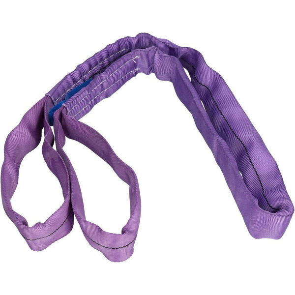 The 1T purple polyester round sling features reinforced stitching and multiple loops for lifting heavy loads.