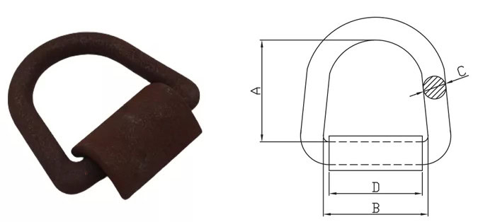 Rusted d-shackle next to a technical drawing with labeled dimensions.