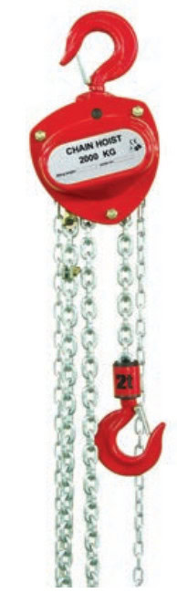 Manual chain hoist with a red hook and casing, displaying a capacity of 2000 kg.