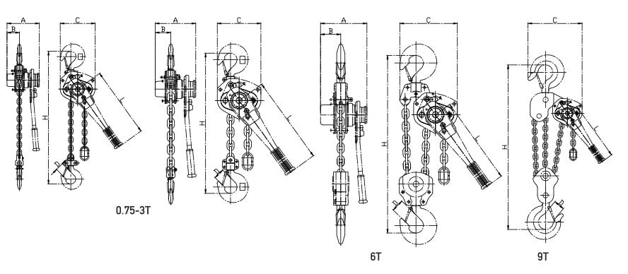 Technical drawings of different configurations of an anchor and chain system with labeled parts and varying tension loads indicated as 0.75t, 6t, and 9t.