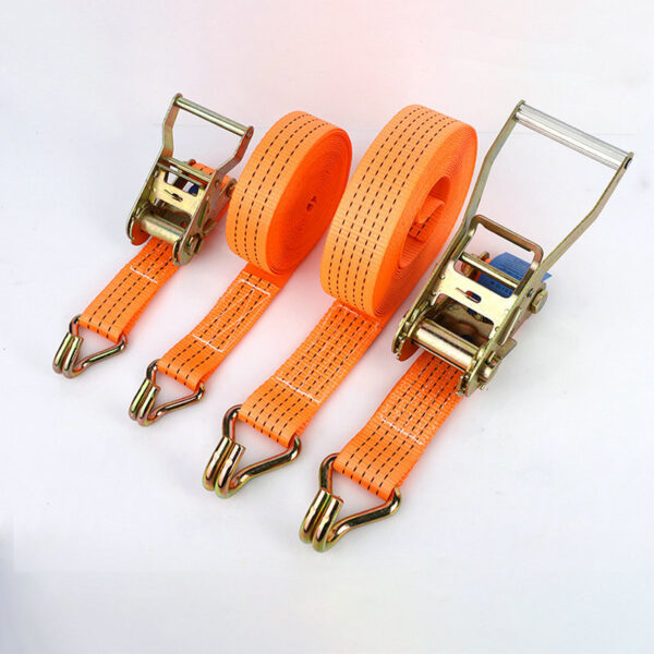 Four 1.5" LC 1250kg orange ratchet straps with covers, metal hooks & buckles, neatly arranged on a pristine white background.