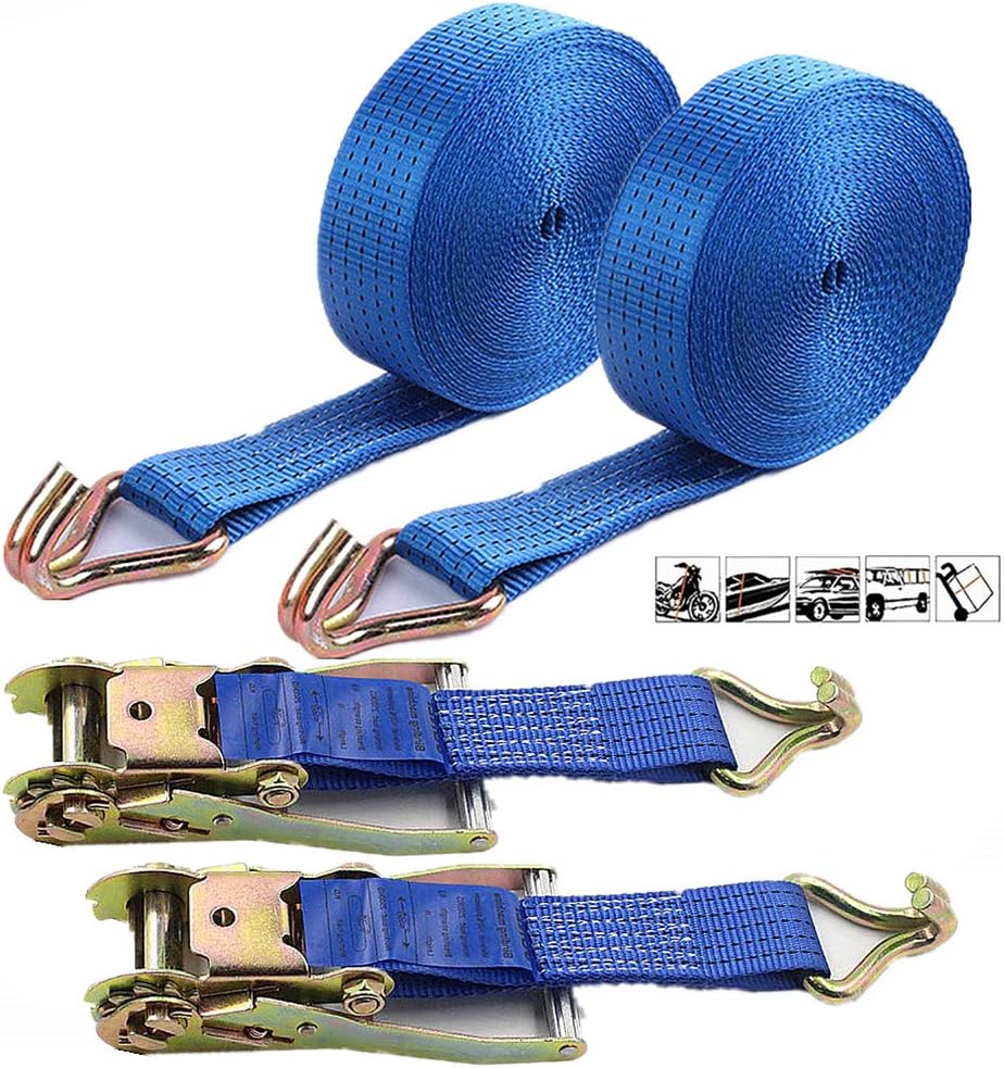 Two 1.5" ratchet straps, LC 1250kg, with sturdy mechanisms and hooks for motorcycles, ATVs, trucks, and trailers.