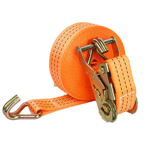 An orange ratchet strap with a polyester cover, sturdy metal hooks, and a reliable ratchet.