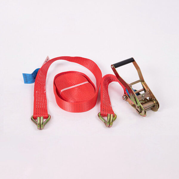 The red 2" LC 2500kg Ergo Ratchet Strap with hooks and lever is shown on white, featuring both coiled and uncoiled sections.